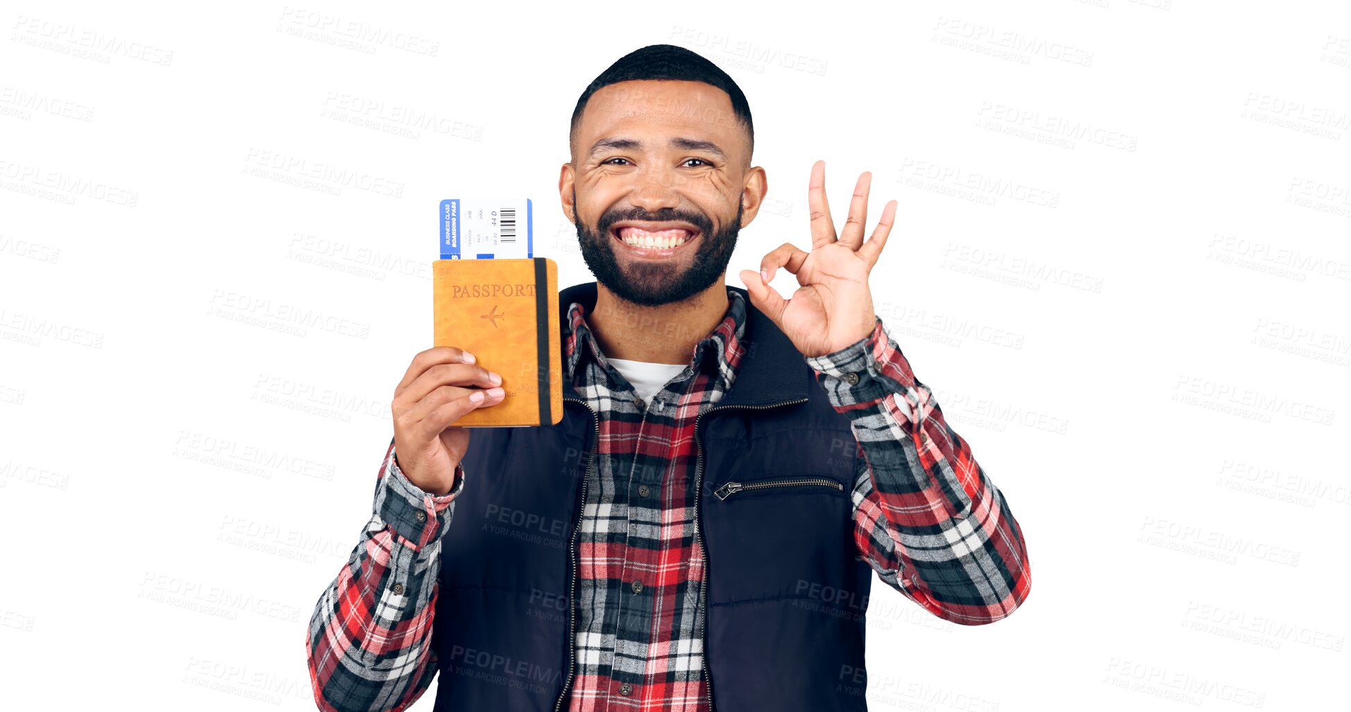 Buy stock photo Ok sign, portrait or man with a passport, happy or vacation with travel itinerary. Face, model or flight tickets for travelling or perfect symbol or ready or isolated on a transparent png background