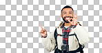 Hiking portrait, pointing and happy man okay sign for studio promotion, discount deal offer or travel vacation agreement. Ok emoji icon, mockup space and studio hiker backpacking on white background