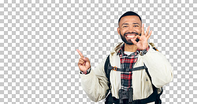 Buy stock photo Ok sign, happy portrait or man on hiking trip for vacation, hobby or excited for travel adventure. Face, model and smile for discount deal for backpacking and isolated on a transparent png background