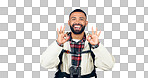 Perfect sign, hiker and portrait of man in a studio with a backpack for hiking adventure. Happy, smile and young male person from Mexico with ok hand gesture for camping isolated by gray background.