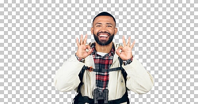 Buy stock photo Okay sign, hiking and portrait of man with smile, backpack isolated on transparent png background. Travel, adventure and excited person with vote, review or perfect hand gesture on camping holiday.