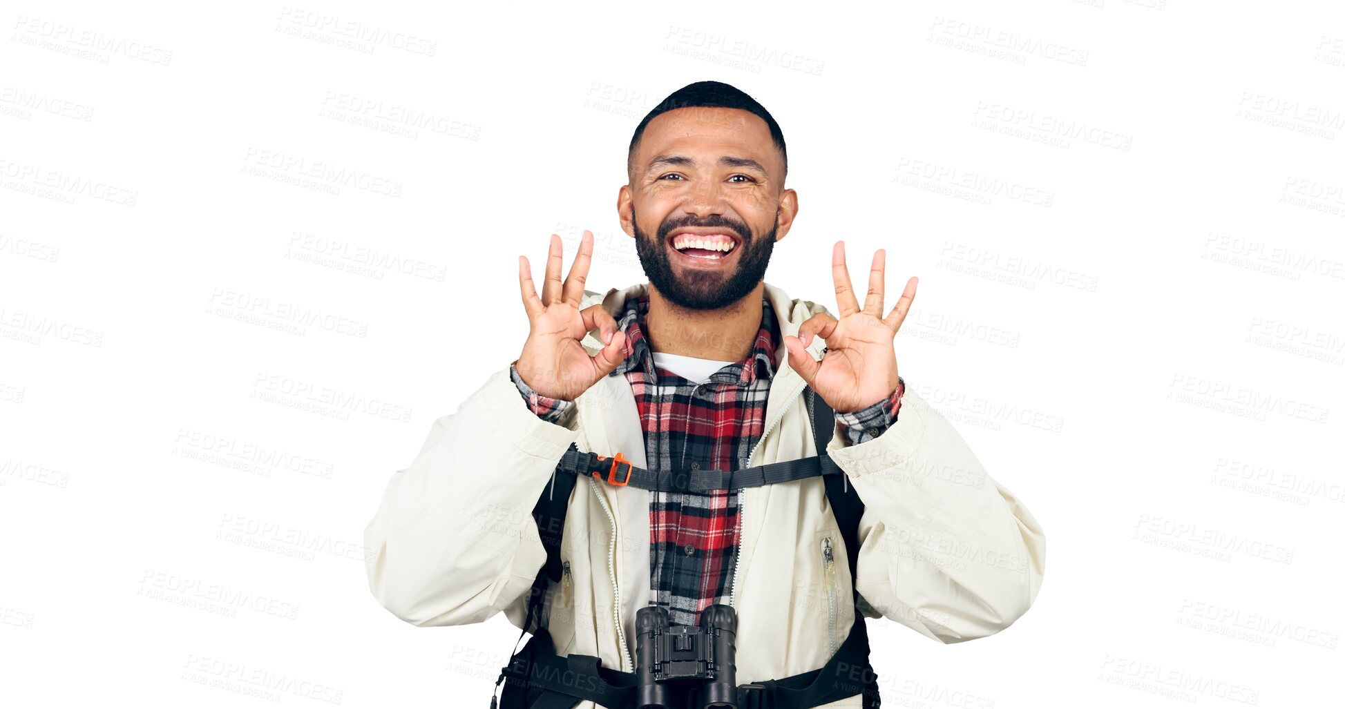 Buy stock photo Okay sign, hiking and portrait of man with smile, backpack isolated on transparent png background. Travel, adventure and excited person with vote, review or perfect hand gesture on camping holiday.