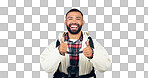 Man, portrait and thumbs up in studio with backpack and smile from travel freedom with adventure. Camping, fitness and grey background and yes with trekking camper gear for vacation with motivation