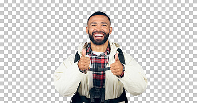 Buy stock photo Thumbs up sign, smile portrait or man on hiking trip for vacation or excited for travel adventure. Face, model and happy for discount deal for backpacking and isolated on a transparent png background