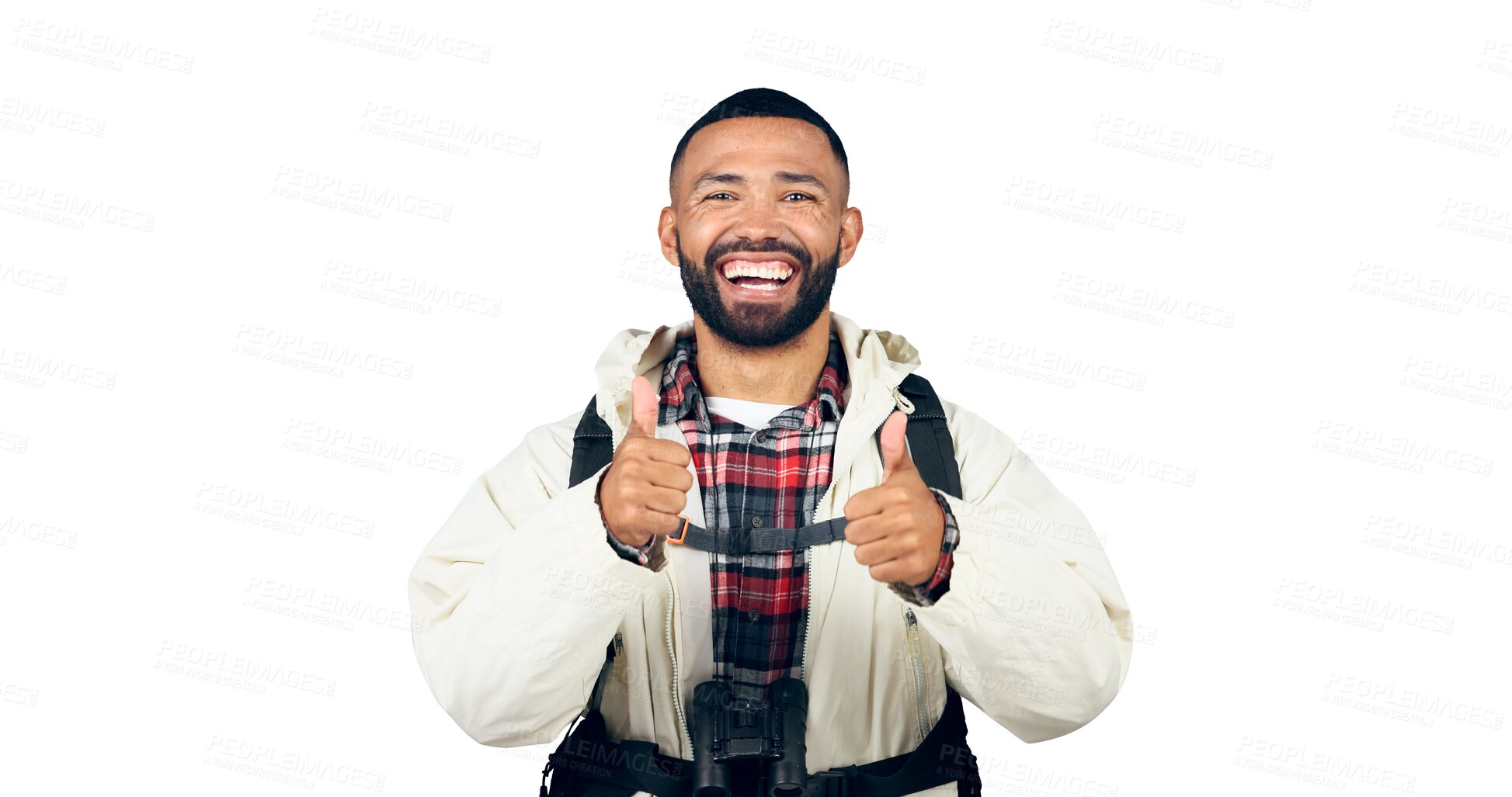 Buy stock photo Thumbs up sign, smile portrait or man on hiking trip for vacation or excited for travel adventure. Face, model and happy for discount deal for backpacking and isolated on a transparent png background