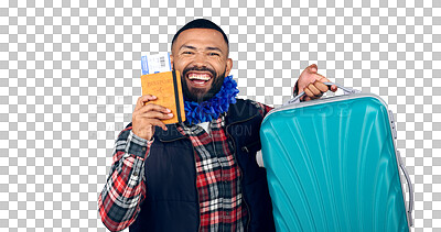 Buy stock photo Travel, passport and portrait of man with luggage for vacation, adventure or holiday. Face, smile and young male tourist with tickets, documents and suitcase isolated by transparent png background.