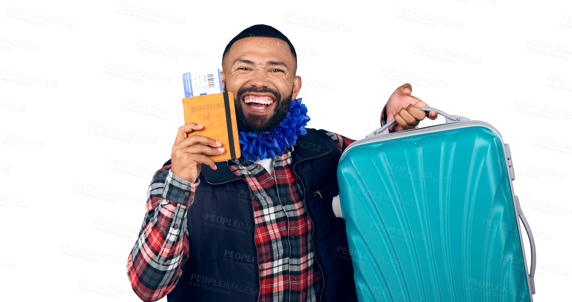 Buy stock photo Travel, passport and portrait of man with luggage for vacation, adventure or holiday. Face, smile and young male tourist with tickets, documents and suitcase isolated by transparent png background.