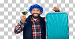 Portrait, cocktail and suitcase for travel with a man in studio on a gray background for holiday or vacation. Smile, alcohol and luggage with a happy young tourist drinking in celebration of a trip