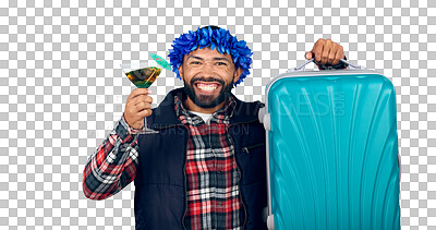 Buy stock photo Man, vacation and cocktail with luggage for travel, smile and happiness on isolated, transparent png background.  Leisure, suitcase and drink to celebrate with trip for adventure, destination and fun