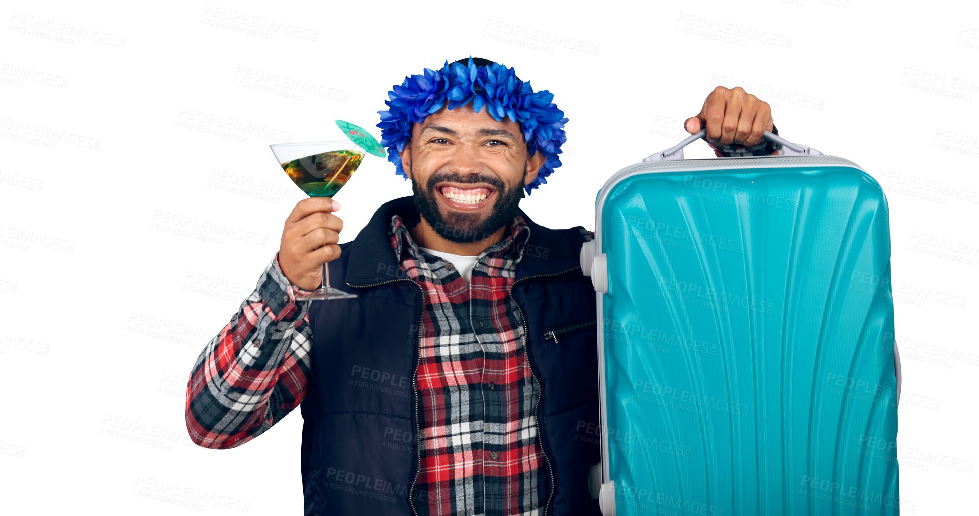 Buy stock photo Man, vacation and cocktail with luggage for travel, smile and happiness on isolated, transparent png background.  Leisure, suitcase and drink to celebrate with trip for adventure, destination and fun