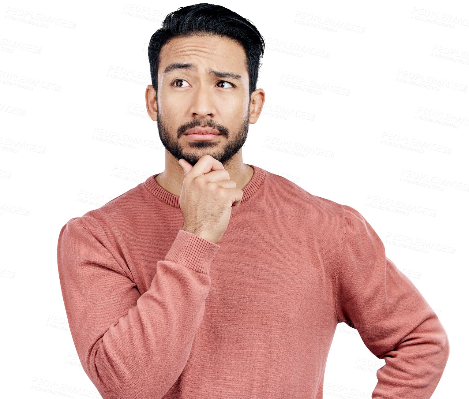 Buy stock photo Confused, thinking and young man with ideas, decision and choice facial expression for question. Plan, brainstorming and Asian person with problem solving face isolated by transparent png background.