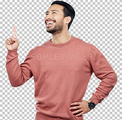 Buy stock photo Man, happy and pointing finger or idea or announcement as information presentation, promotion or choice. Male person, hand and thinking emoji or isolated transparent png background, show or direction