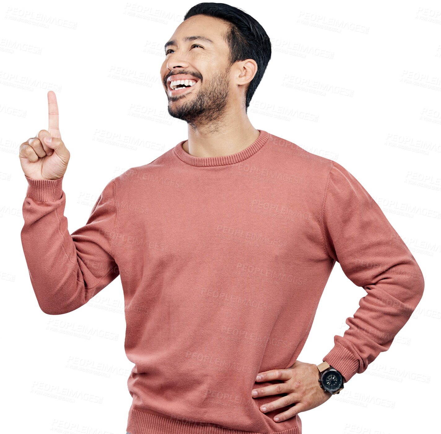 Buy stock photo Man, happy and pointing finger or idea or announcement as information presentation, promotion or choice. Male person, hand and thinking emoji or isolated transparent png background, show or direction