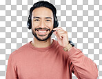 Asian man, portrait smile and headphones with mic for call cente