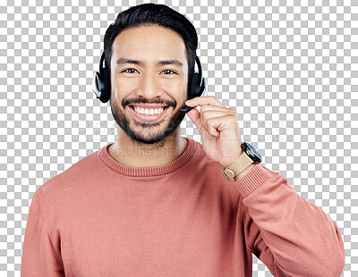 Buy stock photo Man, portrait and call center, headphones with mic for communication and CRM isolated on png transparent background. Smile for customer service, telecom and help desk with Asian agent and advice