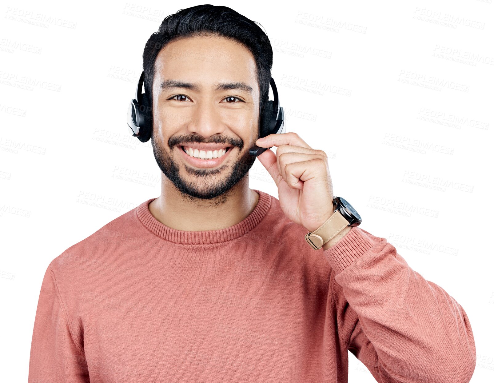 Buy stock photo Man, portrait and call center, headphones with mic for communication and CRM isolated on png transparent background. Smile for customer service, telecom and help desk with Asian agent and advice