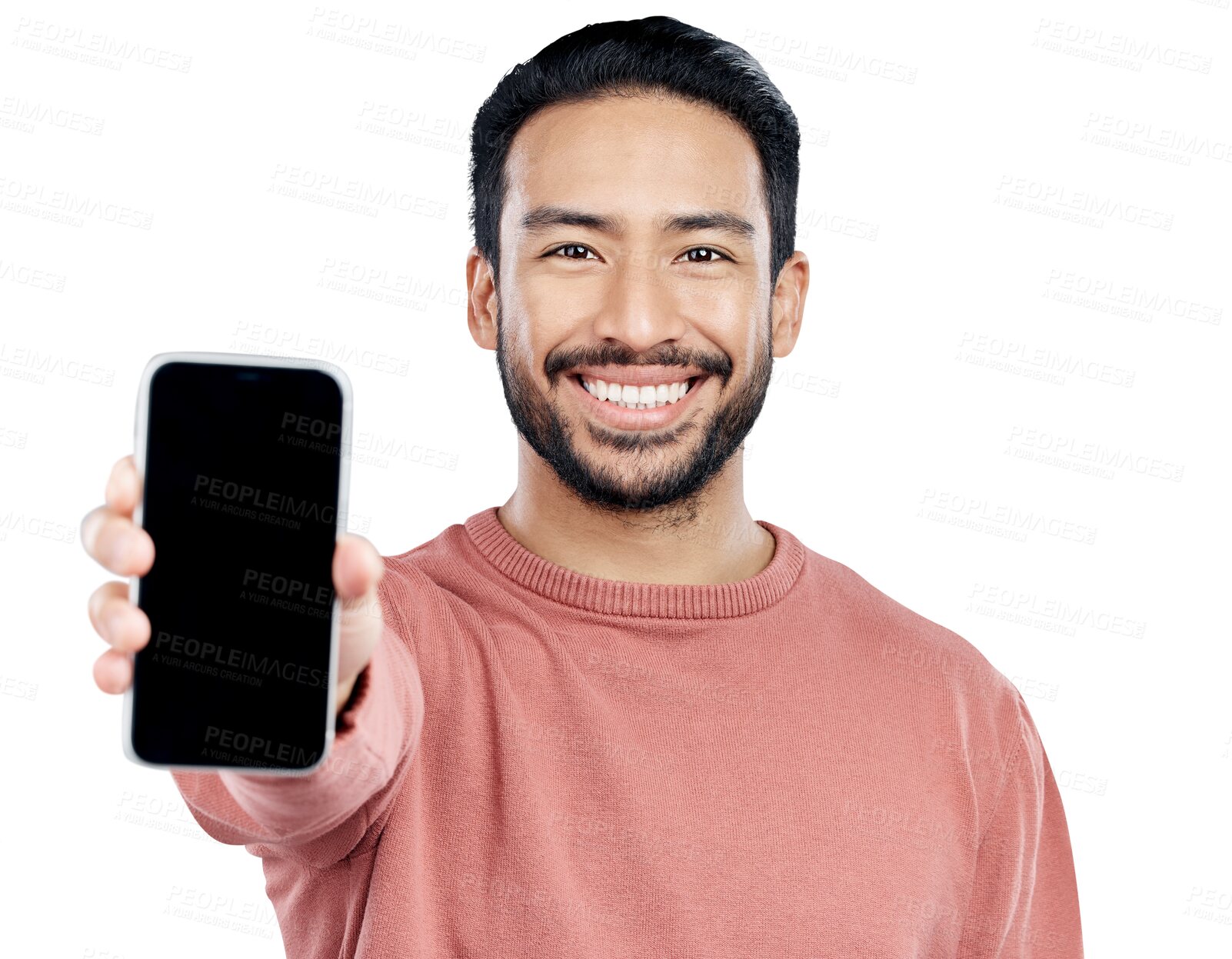 Buy stock photo Man, portrait and smile with cellphone screen as mockup or information, presentation or advertising. Asian person, face and smartphone or isolated transparent png background, display or communication