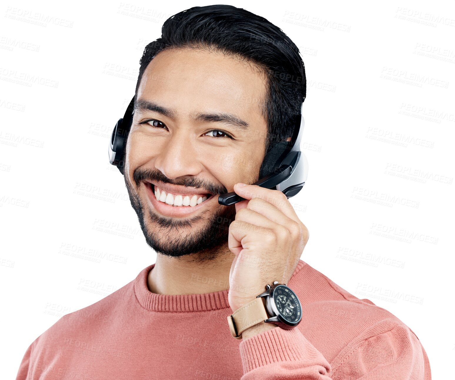 Buy stock photo Smile, call center and portrait of man consultant with headphones and mic for online consultation. Happy, headset and Asian male agent with telemarketing career isolated by transparent png background