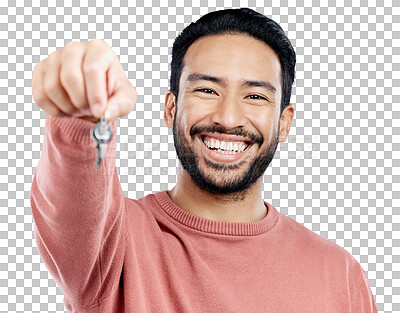 Buy stock photo Key, real estate and smile with portrait of man, new homeowner and investment. Asian male person, pride and purchase of property, mortgage and residential or isolated on transparent png background