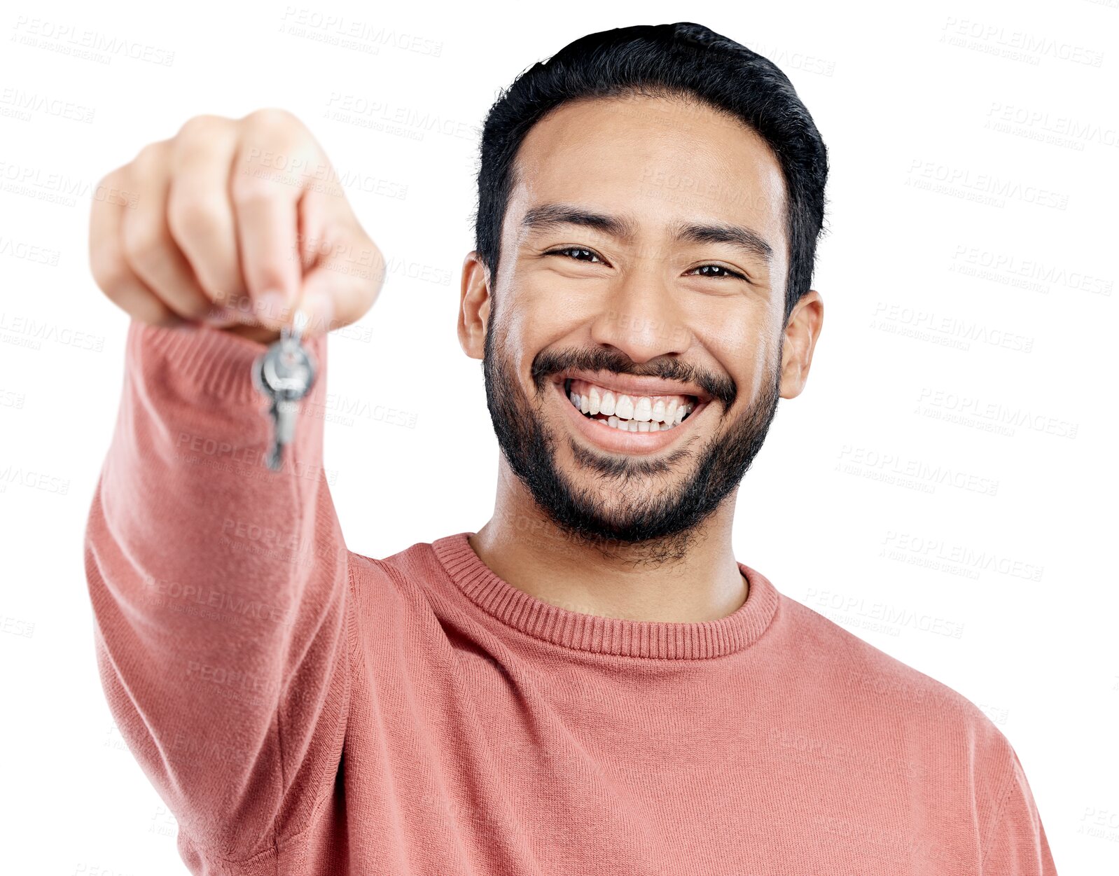 Buy stock photo Key, real estate and smile with portrait of man, new homeowner and investment. Asian male person, pride and purchase of property, mortgage and residential or isolated on transparent png background