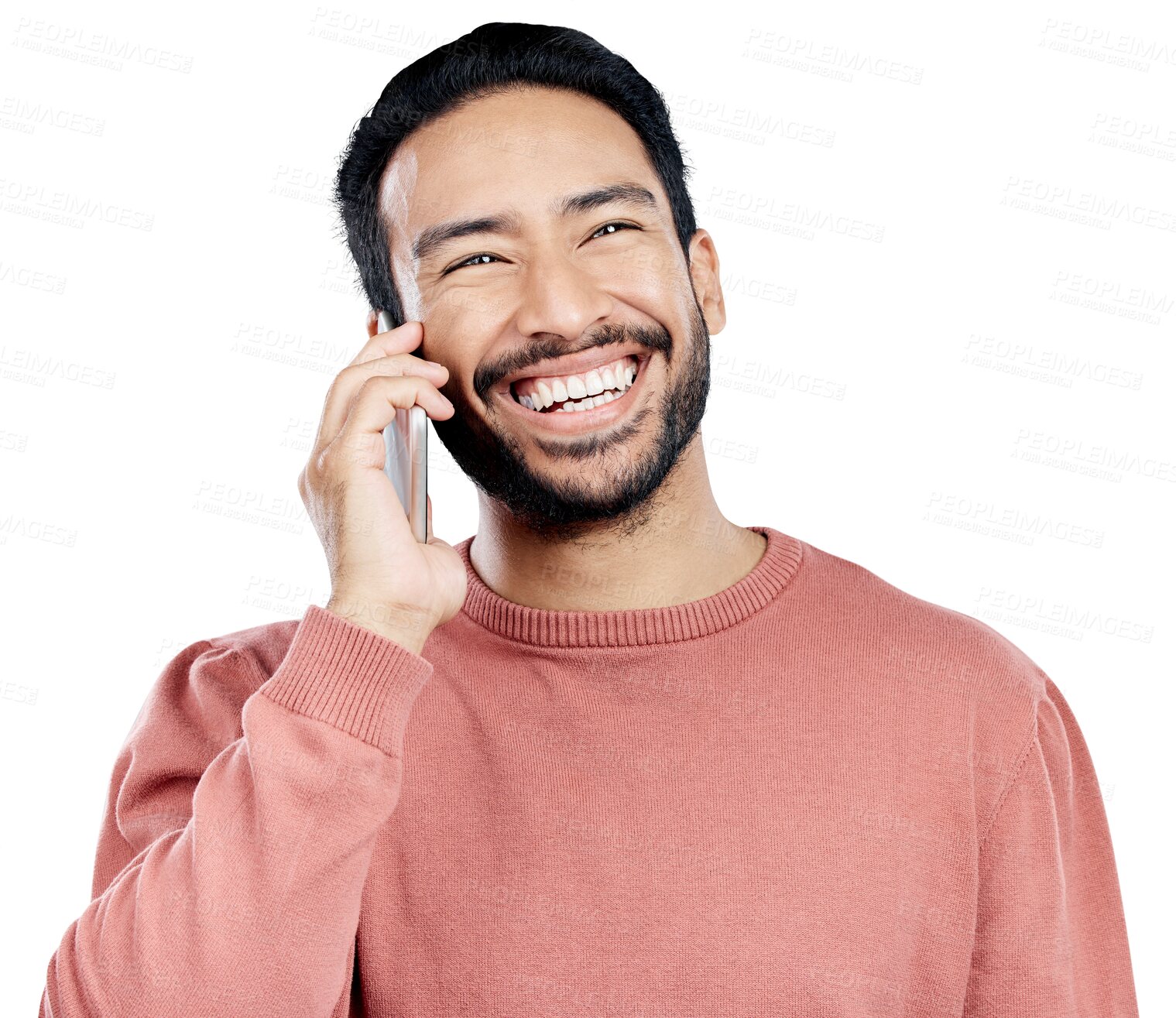 Buy stock photo Man, phone call and happy for communication, networking and isolated on transparent png background. Asian male person, smartphone and excited for conversation, listening and laughing for funny joke