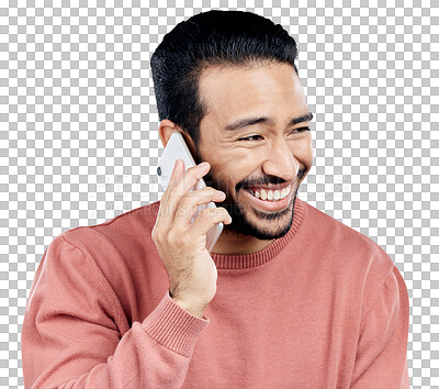 Buy stock photo Asian man, phone call and laughing for funny conversation, discussion or joke. Happy male and talking on smartphone for fun chat, communication and joy isolated on a transparent, png background