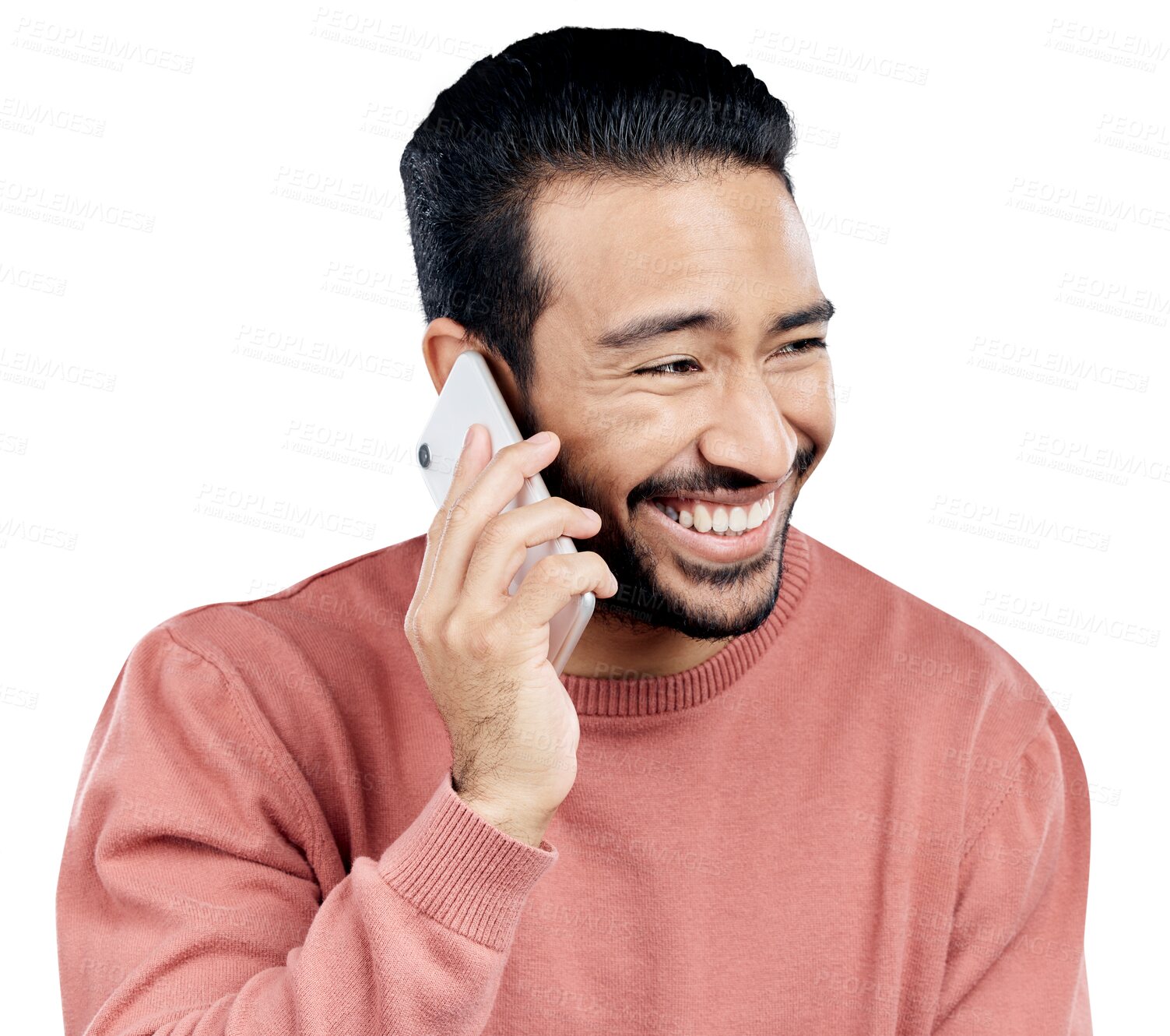 Buy stock photo Asian man, phone call and laughing for funny conversation, discussion or joke. Happy male and talking on smartphone for fun chat, communication and joy isolated on a transparent, png background