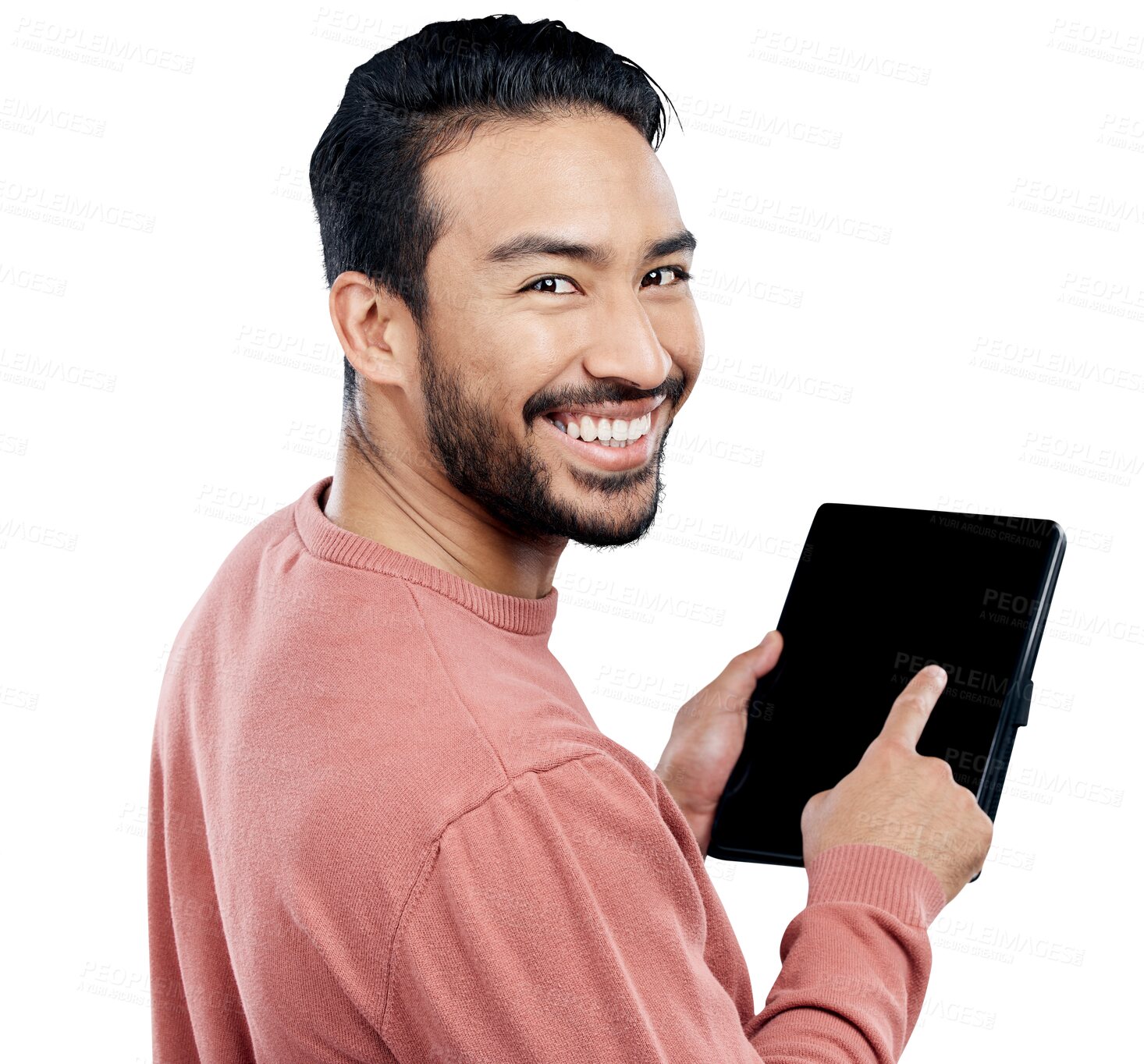 Buy stock photo Portrait, smile and Asian man with tablet for internet isolated on a transparent png background. Face, digital technology and happy person on social media, website and scroll app for communication