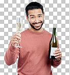 Portrait, champagne and toast with a man in studio on a gray bac