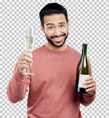 Buy stock photo Champagne, toast and portrait of happy man with glass cheers offer on isolated, transparent or png background. Wine, face and Japanese person with congratulations, support or celebration gesture