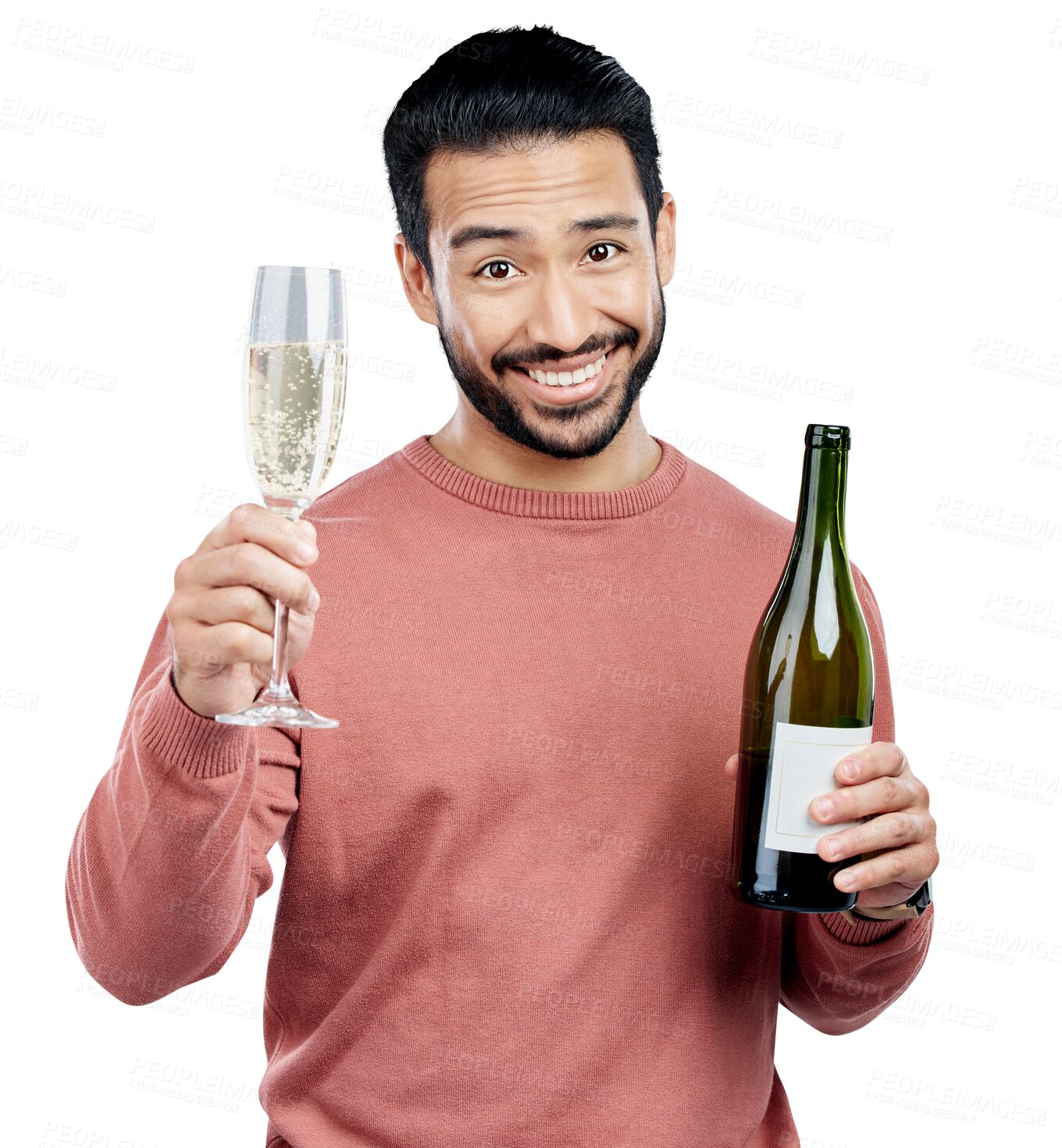 Buy stock photo Champagne, toast and portrait of happy man with glass cheers offer on isolated, transparent or png background. Wine, face and Japanese person with congratulations, support or celebration gesture