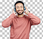 Listen, happy and Asian man with headphones, streaming music and