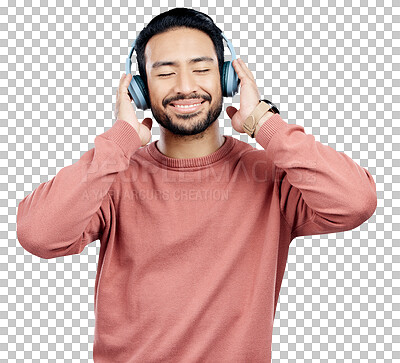 Buy stock photo Asian man, happy and listen to music with headphones for relax, podcast and radio with sound and streaming. Person, face and smile with track, audio and break isolated on a png transparent background