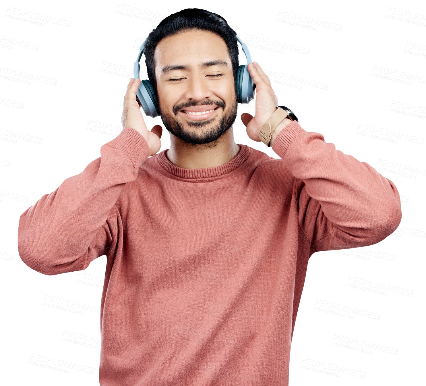 Buy stock photo Asian man, happy and listen to music with headphones for relax, podcast and radio with sound and streaming. Person, face and smile with track, audio and break isolated on a png transparent background