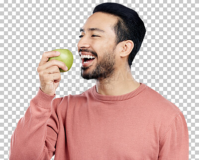 Buy stock photo Healthy, happy and a man eating an apple, diet and smile for organic snack or isolated on transparent png background. Asian male person, food and fruit for nutrition, hungry and detox for wellness