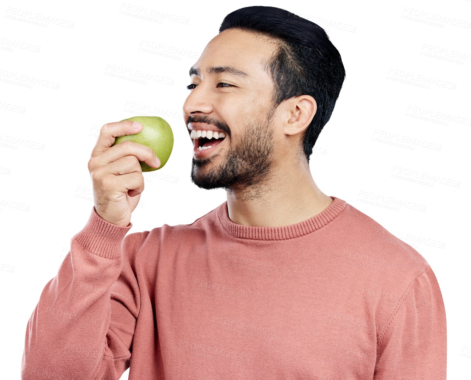 Buy stock photo Healthy, happy and a man eating an apple, diet and smile for organic snack or isolated on transparent png background. Asian male person, food and fruit for nutrition, hungry and detox for wellness