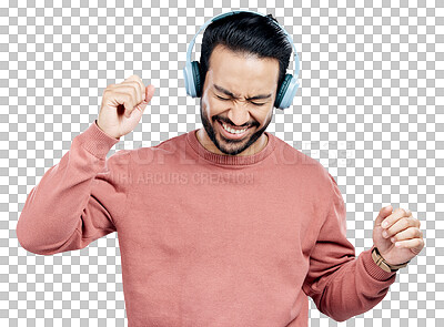 Buy stock photo Fun, dance and Asian man with headphones, streaming music and isolated on transparent png background. Happy male person, dancing and listening to rock song, radio and playlist for energy on weekend