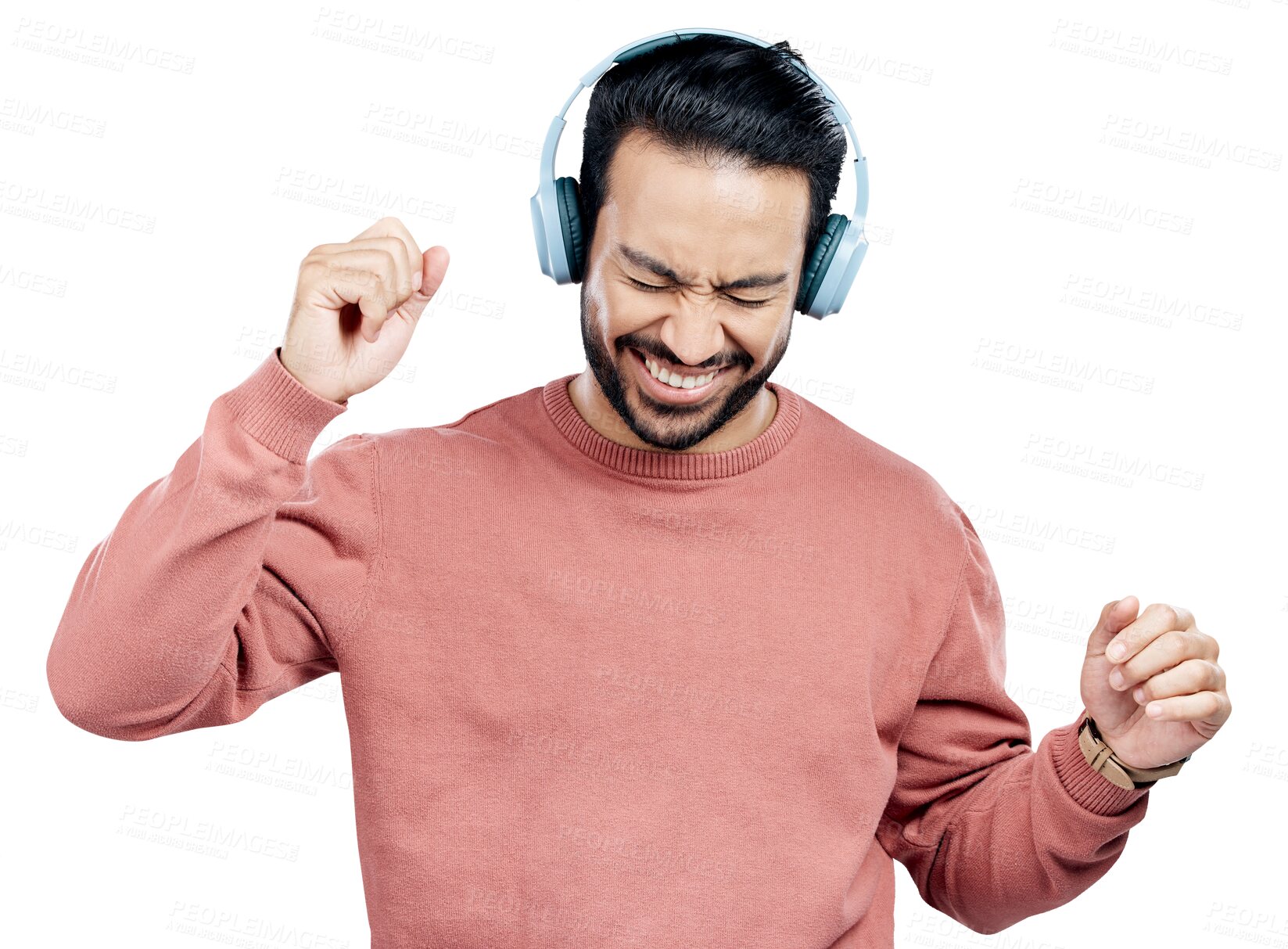 Buy stock photo Fun, dance and Asian man with headphones, streaming music and isolated on transparent png background. Happy male person, dancing and listening to rock song, radio and playlist for energy on weekend