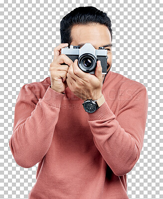 Buy stock photo Photographer, camera and lens with man, smile and art career isolated on transparent png background. Face of creative professional, artist and photography in media production with happy memory.