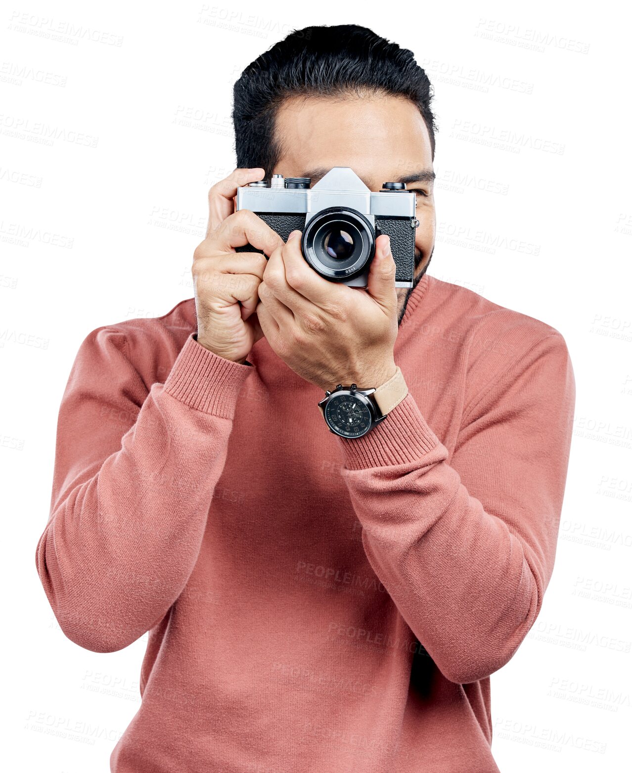 Buy stock photo Photographer, camera and lens with man, smile and art career isolated on transparent png background. Face of creative professional, artist and photography in media production with happy memory.