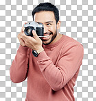 Man with camera, photography and happy with smile, taking pictur