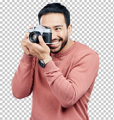 Buy stock photo Photographer, camera and creative man with smile for art career isolated on transparent png background. Face of professional, artist and photography in media production with happy memory in focus.