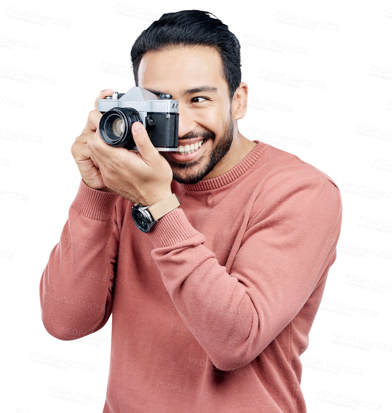 Buy stock photo Photographer, camera and creative man with smile for art career isolated on transparent png background. Face of professional, artist and photography in media production with happy memory in focus.