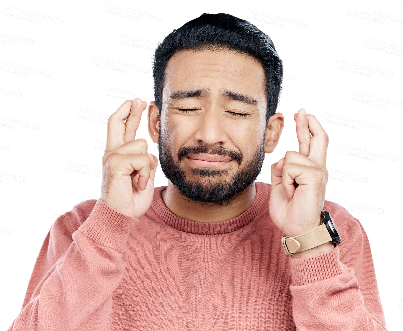 Buy stock photo Good luck, fingers crossed and young man with hope for success, promotion or announcement. Lottery, winner and Asian male person with wish for nervous or belief isolated by transparent png background