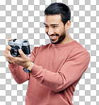 Camera, photography and happy with asian man in studio for photo