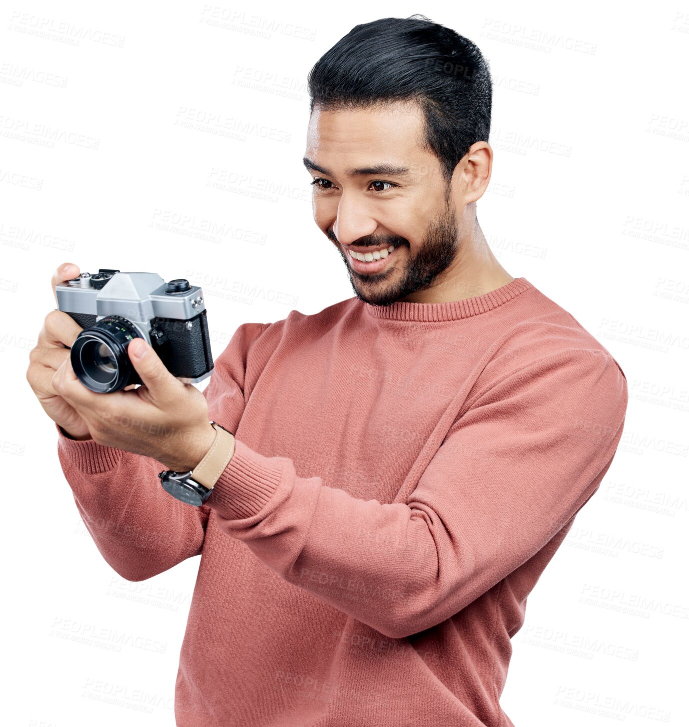 Buy stock photo Photographer, camera and man with smile, focus and art career isolated on transparent png background. Face of creative professional, artist and photography in media production with happy memory.