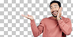 Product placement, happy and an Asian man showing mockup isolate