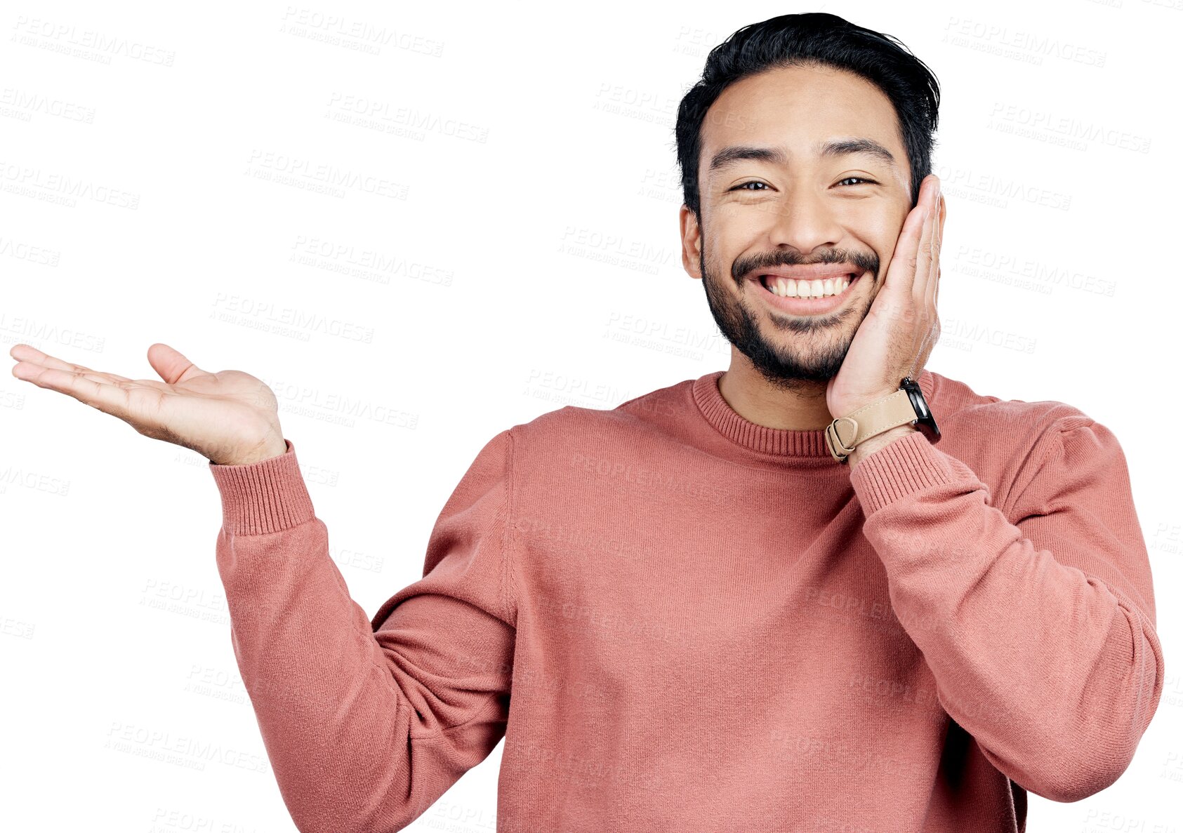 Buy stock photo Hand, offer or shy man portrait with announcement, promo or deal on isolated, transparent or png background. Palm, showing and model face show for prize, giveaway or competition results and feedback