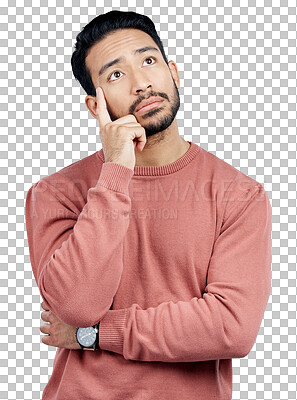 Buy stock photo Ideas, thinking and young man with plan, decision and choice facial expression for question. Confused, brainstorming and Asian person with problem solving face isolated by transparent png background.