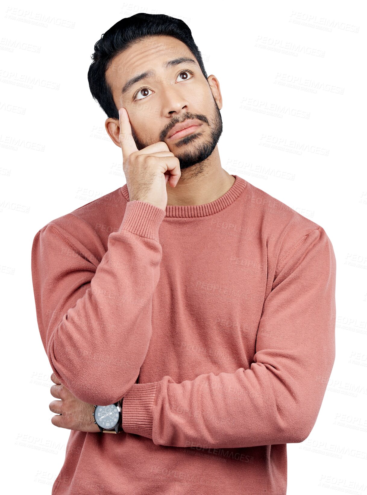 Buy stock photo Ideas, thinking and young man with plan, decision and choice facial expression for question. Confused, brainstorming and Asian person with problem solving face isolated by transparent png background.